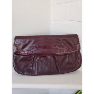 Vintage Brown Leather Clutch: Burgundy Accent Pleated Purse